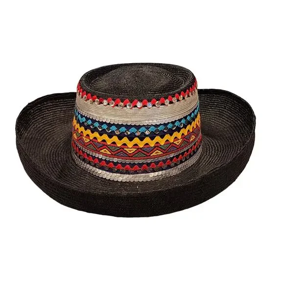 Vintage Southwest Statement Straw Hat Black Western Concho Festival Cowgirl Rare - Picture 6 of 13